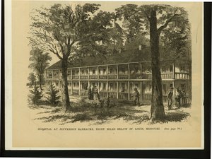 Print of Two-Story Barracks-Type Building with Several Figures Visible Outside